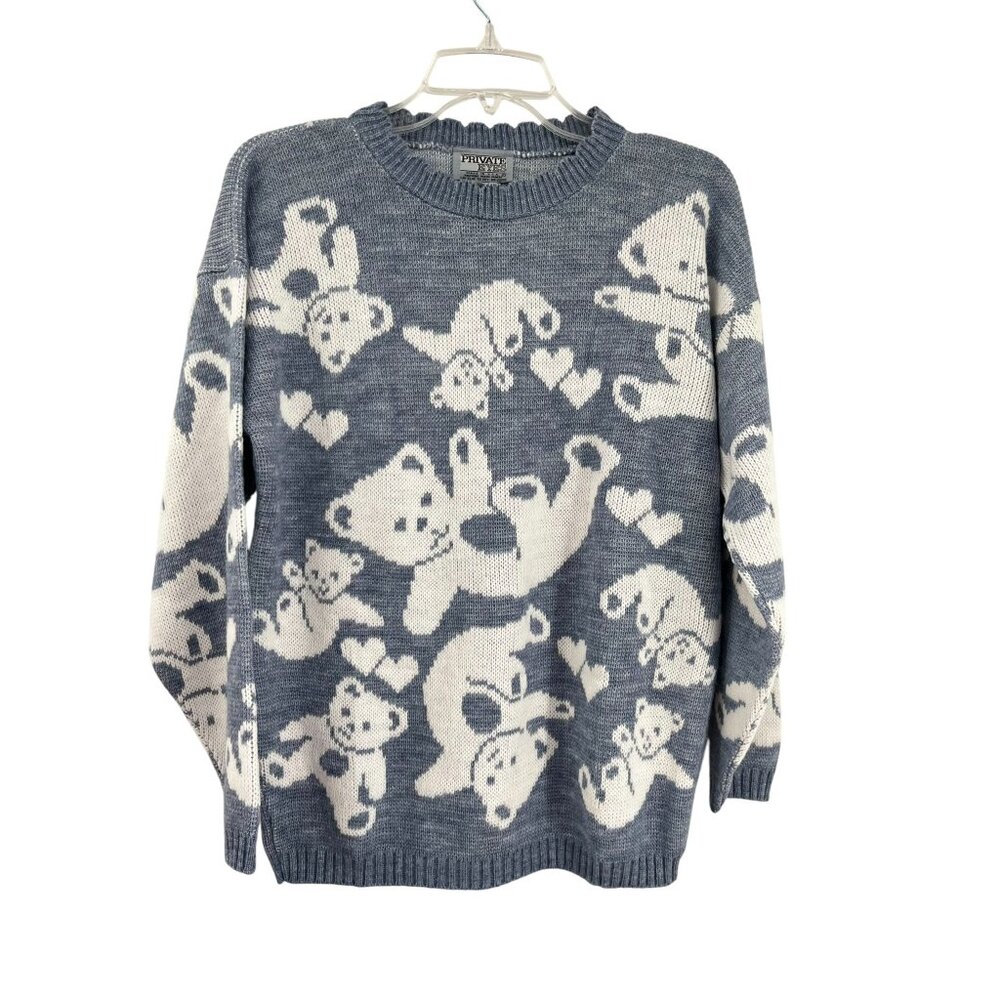 Vintage Private Eyes Sweater Womens M/L? Blue White Teddy Bears USA Made - Picture 15 of 15